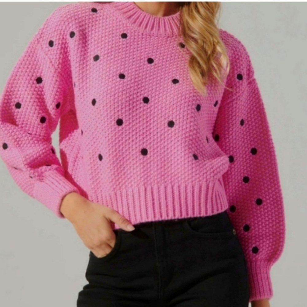 Sugar Lips Pink and Black Polka Dot Oversize Crop Sweater. Size Small.